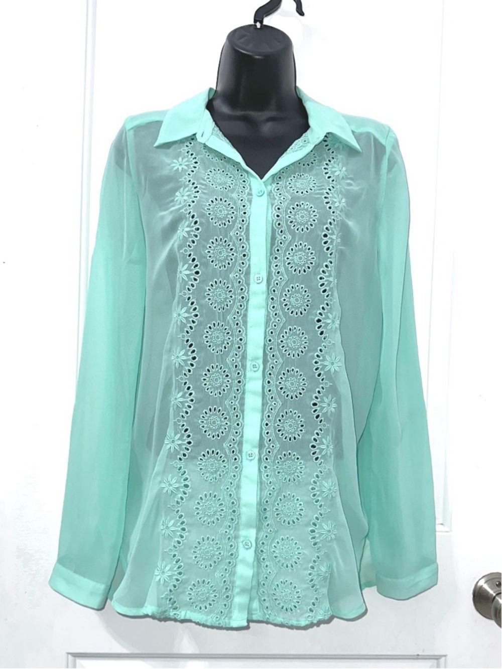 LC Lauren Conrad seafoam green sheer blouse, intricate front eyelet embroidery